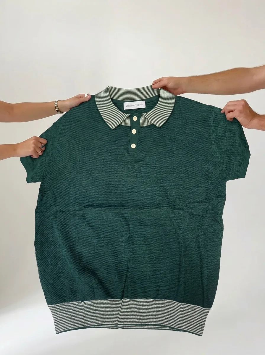 Forest Green Striped Knit Polo View 2