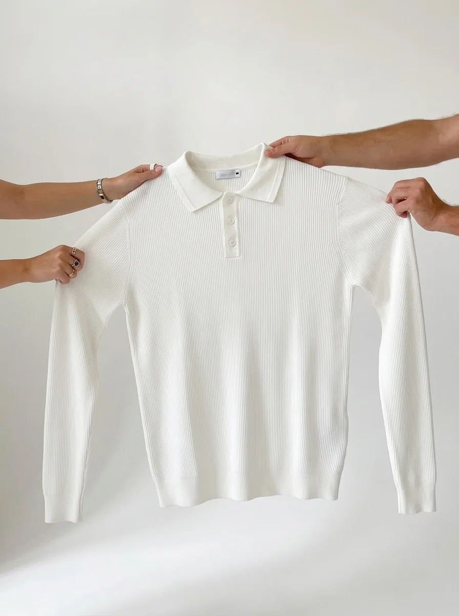 White Ribbed Full Sleeve Knit Polo